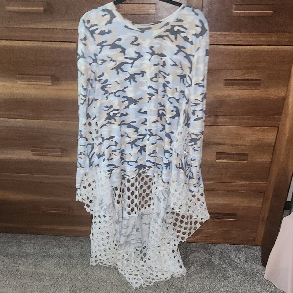 Blue Asymmetrical Long Camo Unique Boho Long Sleeve Trained Casual Small Blouse